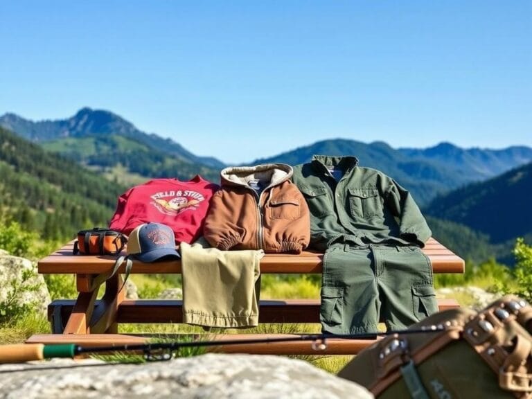 Flick International Assortment of Field & Stream apparel laid out on a wooden picnic table against a backdrop of lush mountains and clear blue sky