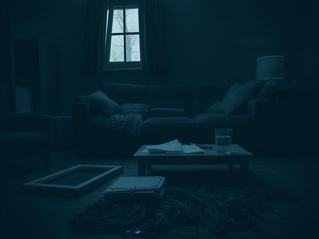 Flick International Dark living room interior with a disheveled couch suggesting domestic disturbance