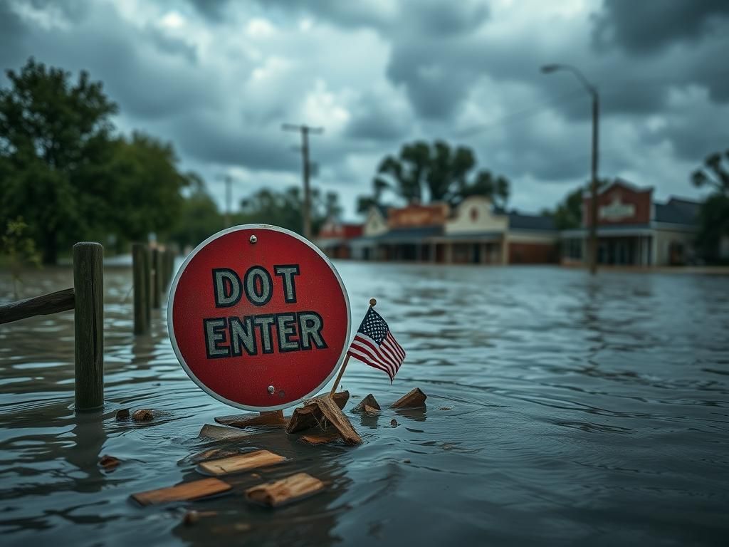 Flick International Dramatic scene of catastrophic flooding in a Texas town with submerged road signs and debris