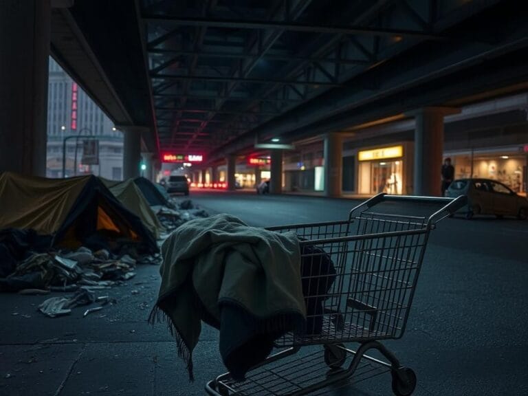 Flick International Dimly lit urban street scene depicting a homeless encampment under an overpass, illustrating despair and societal issues.