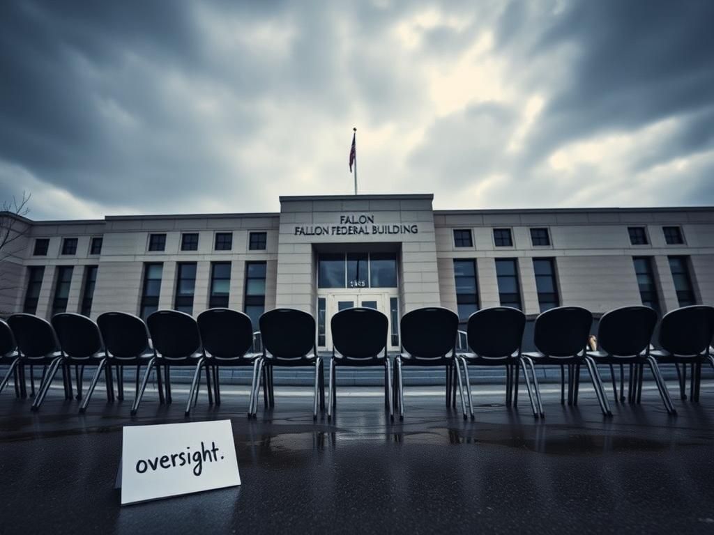 Flick International Exterior view of the Fallon Federal Building in Baltimore, Maryland, with empty chairs arranged for a protest