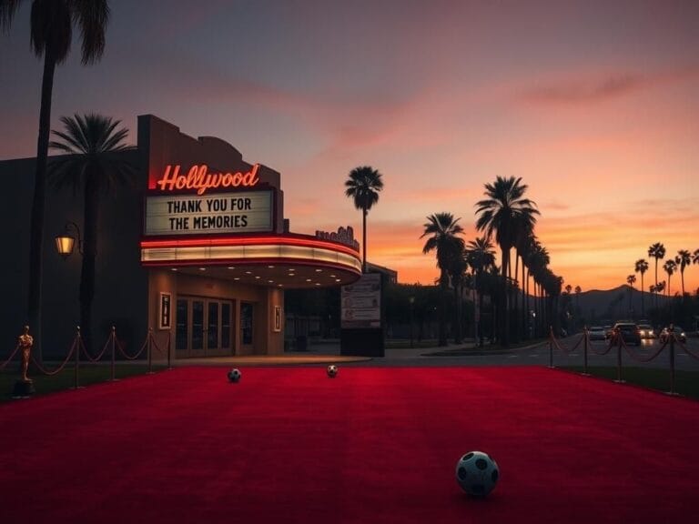 Flick International A somber Hollywood landscape at dusk with a vintage movie theater marquee