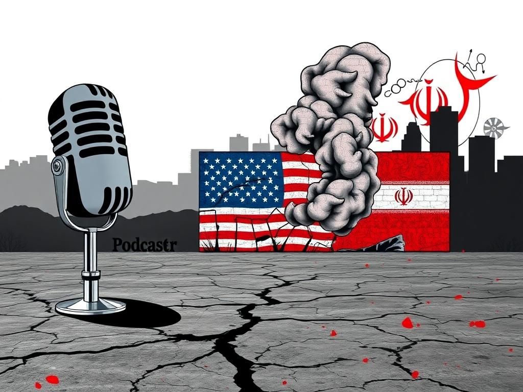 Flick International A stylized microphone representing Bill Maher's podcast stands over cracked pavement, symbolizing heated discussions.