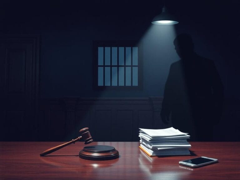 Flick International Dimly lit courtroom scene symbolizing justice and confinement
