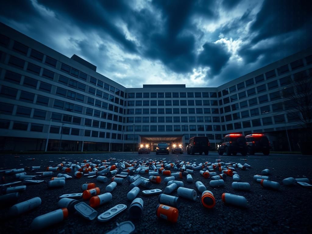 Flick International Aerial view of a large hospital complex under a dark sky symbolizing urgency in healthcare fraud investigations.
