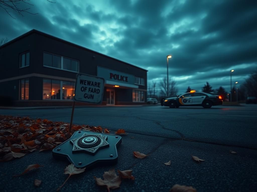 Flick International Deserted police station at dusk with an abandoned badge and ominous surroundings