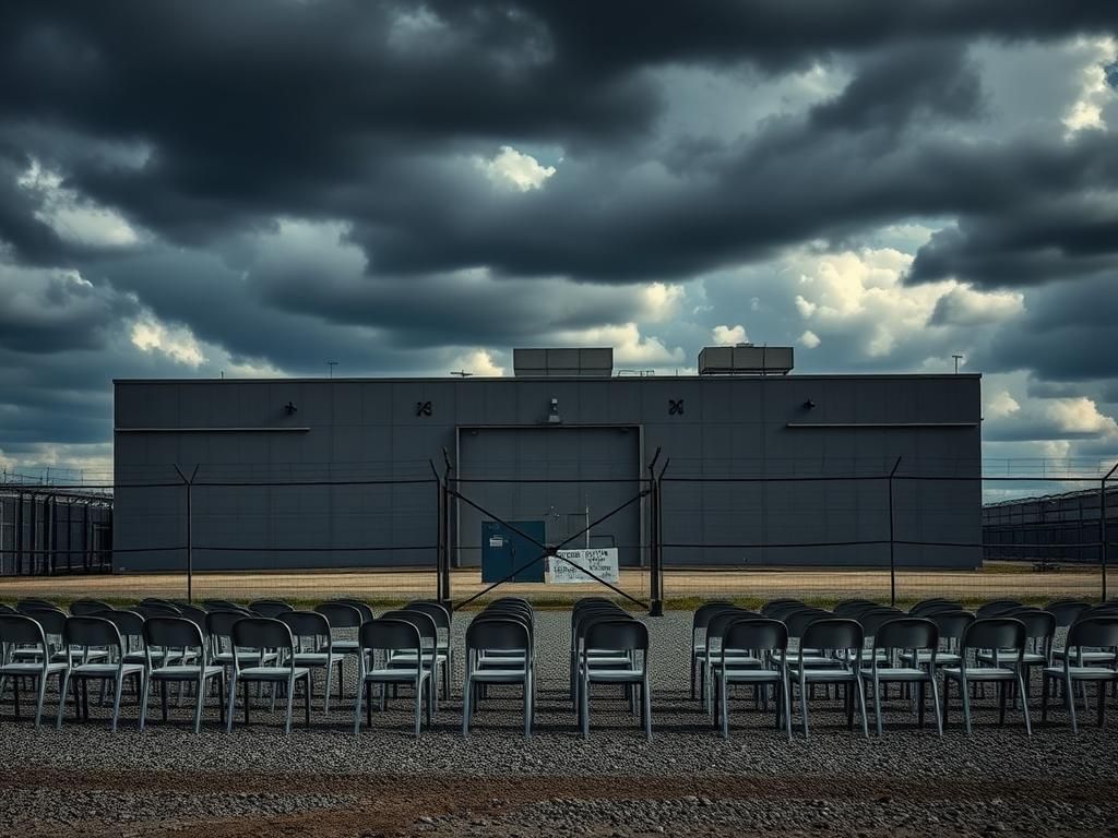 Flick International A fortified immigration detention facility under a stormy sky, symbolizing the tensions of the immigration debate.
