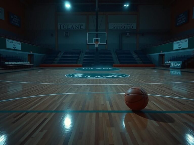 Flick International Somber basketball court at dusk with a single basketball symbolizing lost dreams
