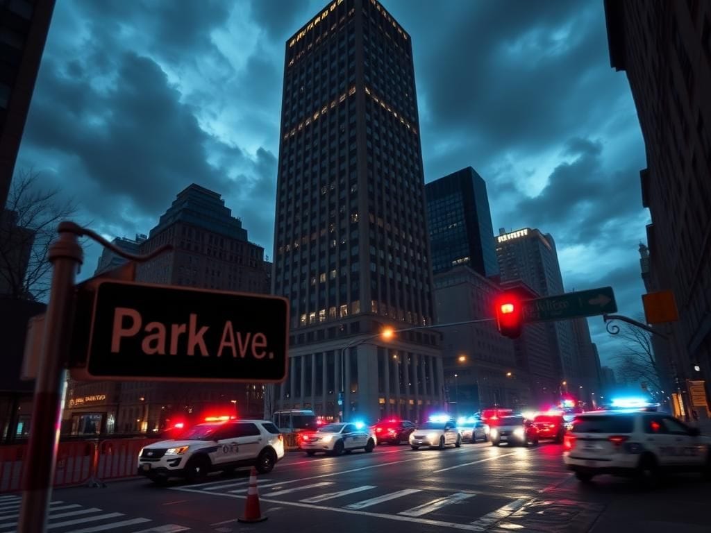 Flick International Dramatic evening scene of midtown Manhattan business district with police response