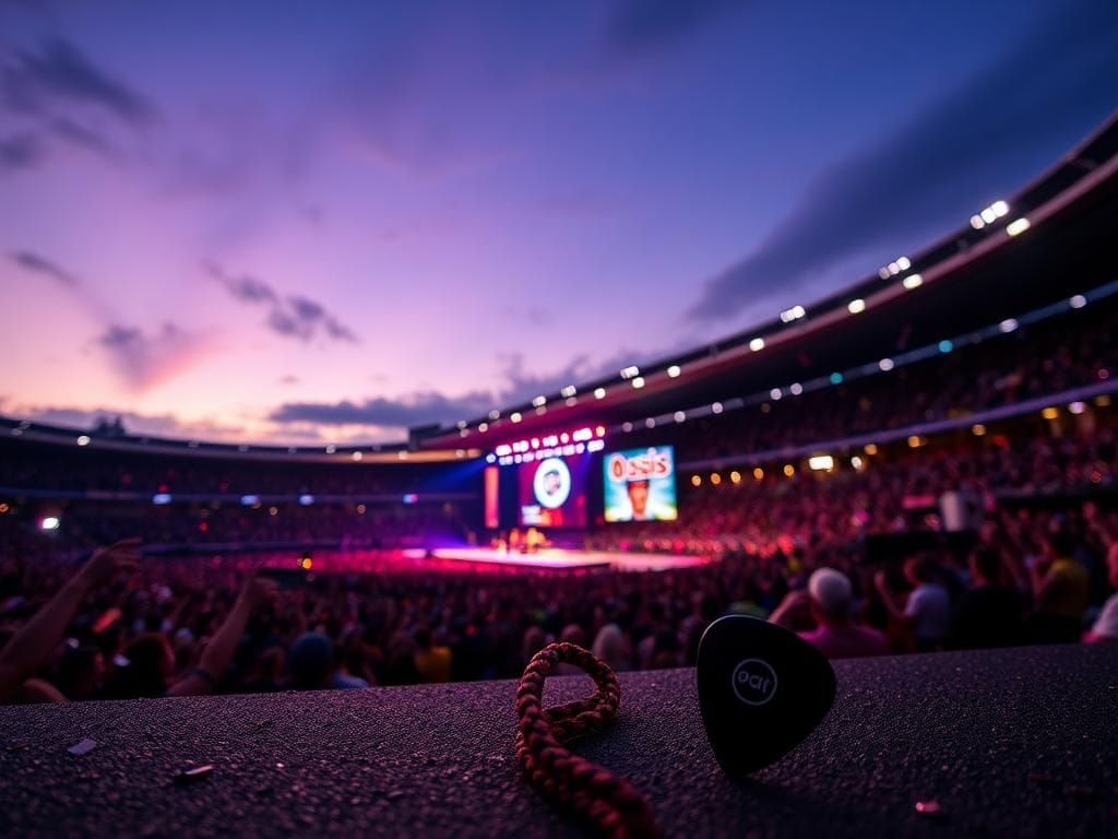 Flick International A vibrant scene at Wembley Stadium during the Oasis concert with enthusiastic fans and colorful lights
