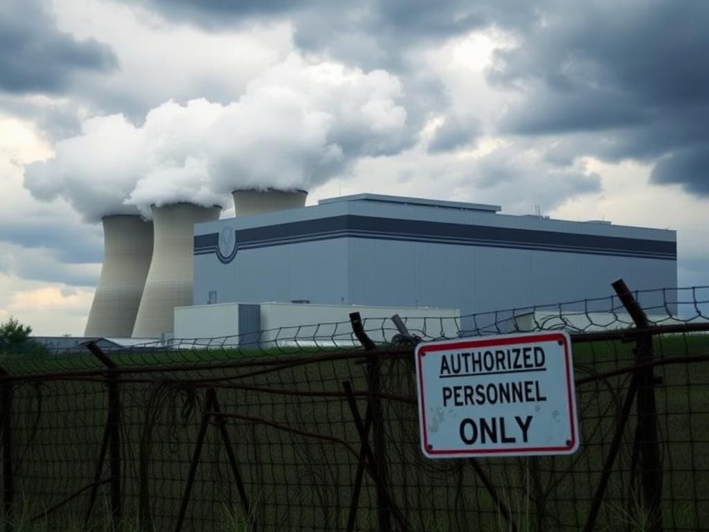 Flick International Large modern nuclear power plant against a stormy sky with cooling towers