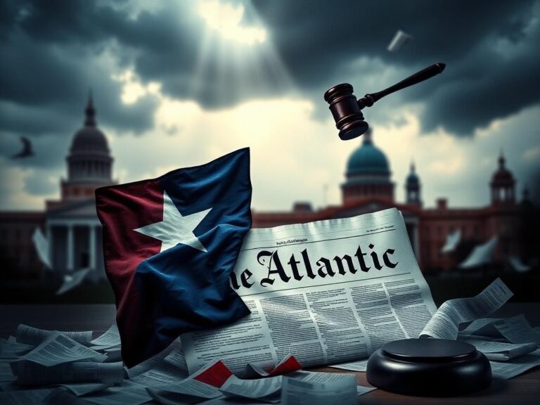 Flick International Abstract representation of a tumultuous political landscape with a fragmented Texas flag and The Atlantic newspaper.