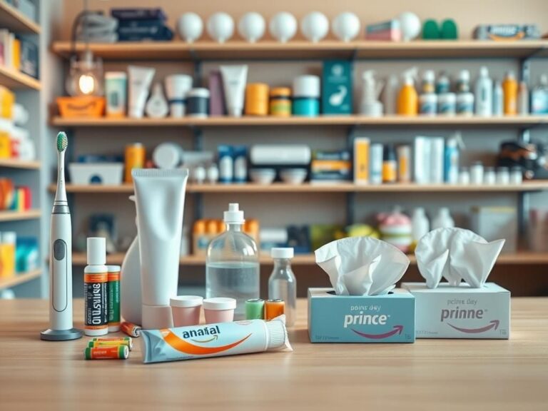 Flick International Vibrant table displaying a variety of household essentials on sale during Amazon Prime Day