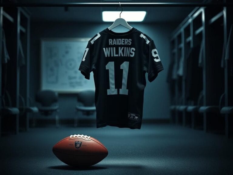 Flick International A dimly lit NFL locker room with a Las Vegas Raiders jersey hanging on a hook, symbolizing Christian Wilkins' release from the team.