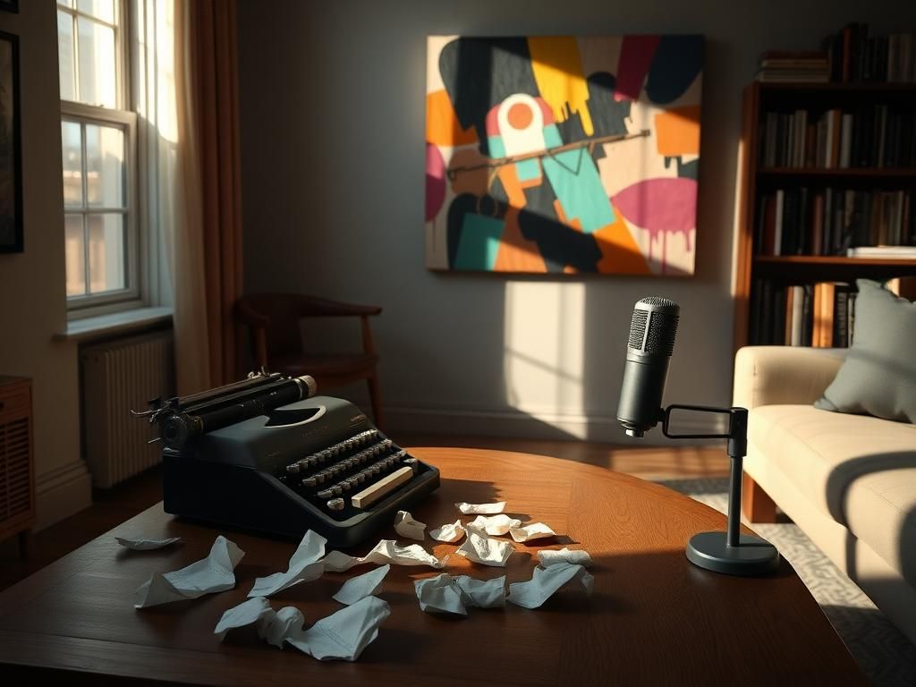 Flick International Dimly lit interior of a vintage New York City apartment with a typewriter and podcast microphone symbolizing creative struggle and inclusivity themes