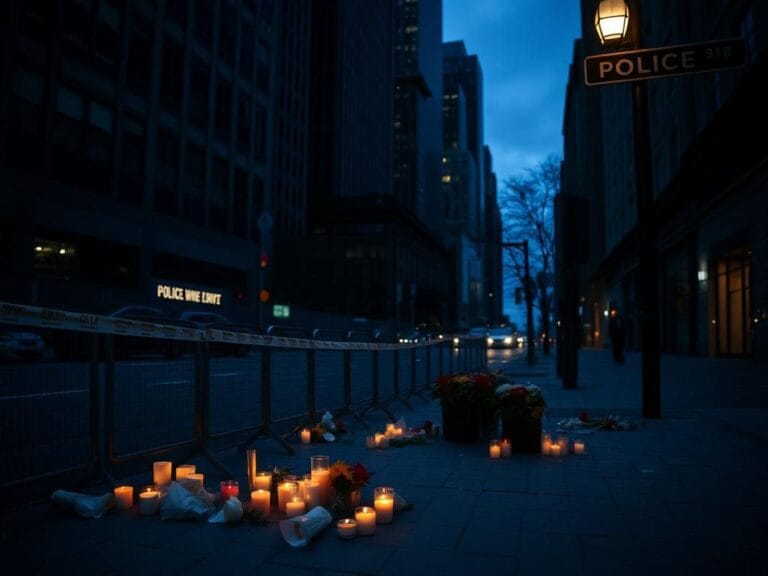 Flick International Somber street scene in midtown Manhattan with police barricades and candles