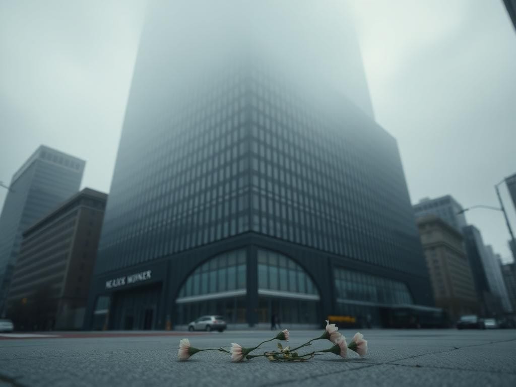 Flick International Exterior view of the NFL headquarters building in Manhattan, shrouded in mist