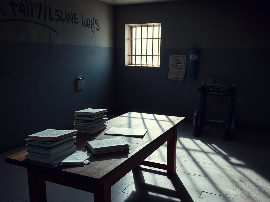 Flick International Dimly lit prison cell with a single barred window and stacks of legal books