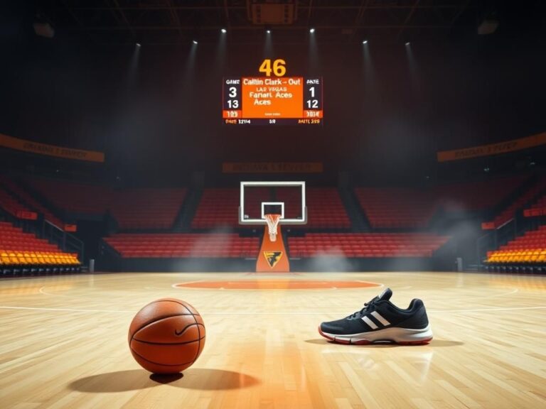 Flick International An empty indoor basketball court with Indiana Fever colors and a single basketball near the free-throw line