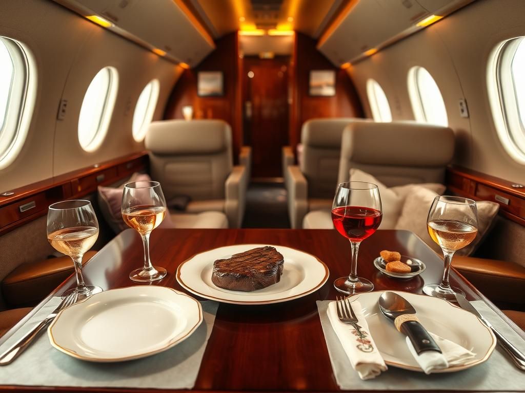 Flick International Luxurious mid-20th century airplane interior featuring a well-set dining table with steak dinner and cocktails