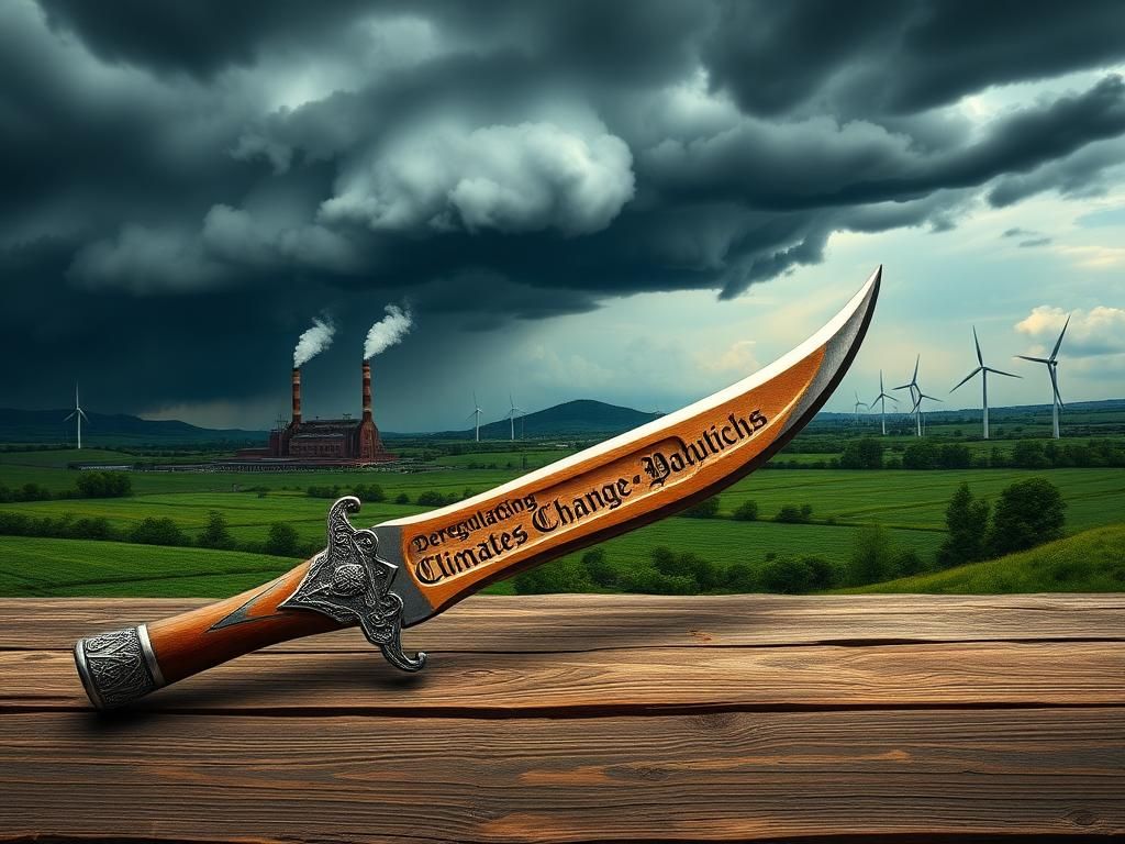 Flick International A dramatic scene depicting climate change regulation with a dagger symbolizing conflict over progress.