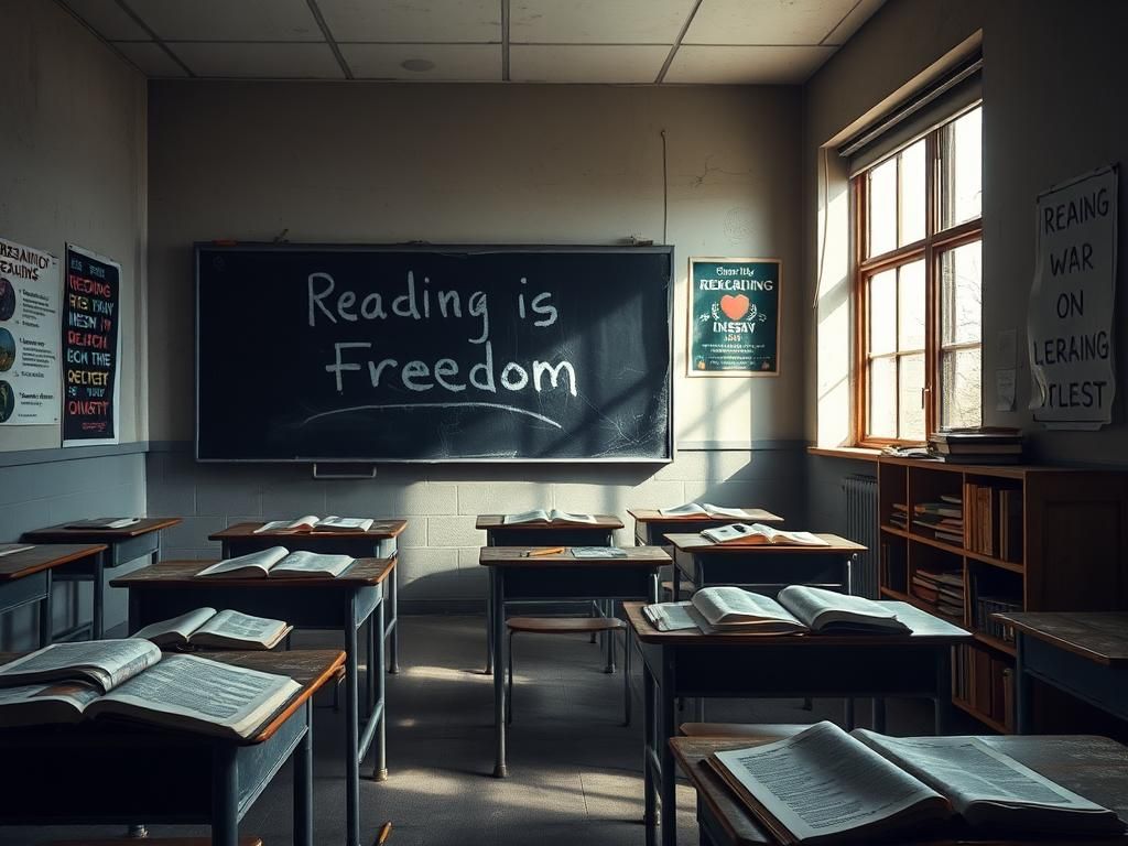 Flick International Dimly lit classroom with empty desks and open books, illustrating the decline in children's literacy.