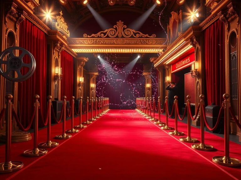 Flick International Glamorous red carpet scene with luxurious cinematic elements and spotlight lighting at a movie premiere