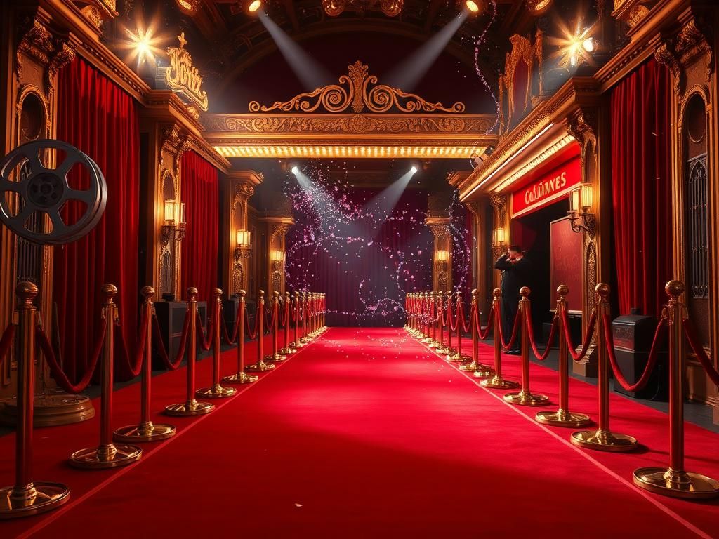 Flick International Glamorous red carpet scene with luxurious cinematic elements and spotlight lighting at a movie premiere