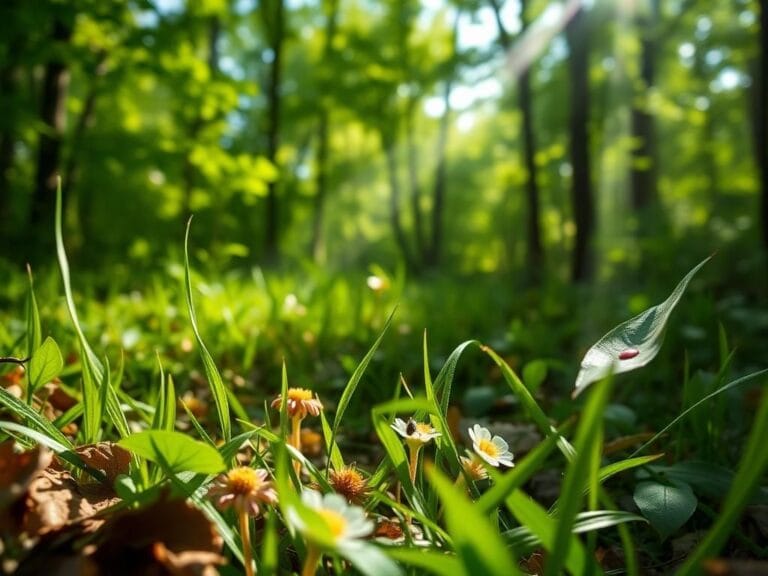 Flick International A close-up view of a dense forest landscape showing blooming wildflowers and a barely visible deer tick
