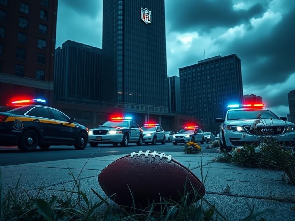 Flick International Urban high-rise building with NFL logo surrounded by police cars at a tragic crime scene