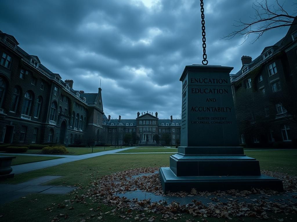 Flick International Gloomy scene of a historic university campus with ivy-covered buildings and a stormy sky