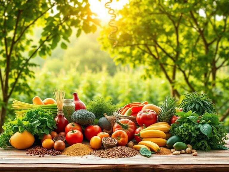 Flick International An abstract representation of health and wellness featuring vibrant whole foods and a lush green landscape.