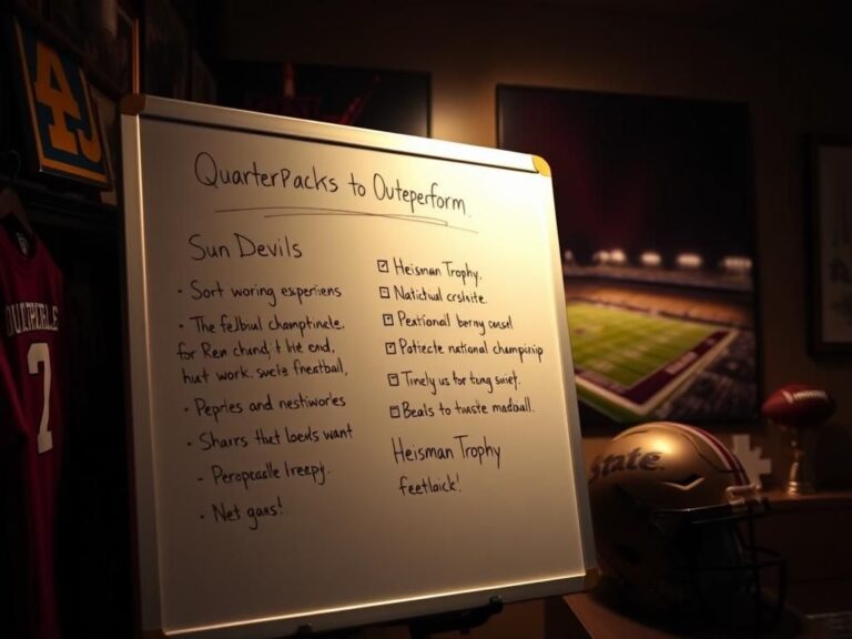 Flick International Close-up of a motivational whiteboard with a list of quarterbacks to outperform and a football helmet in a dim room