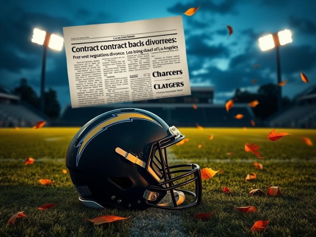 Flick International Football field at dusk with a Chargers helmet and blurred divorce headlines
