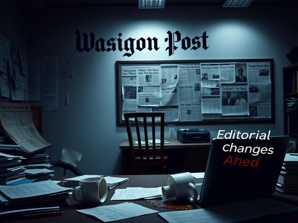 Flick International Dimly lit newsroom depicting chaos with scattered papers and an abandoned desk chair at the Washington Post.