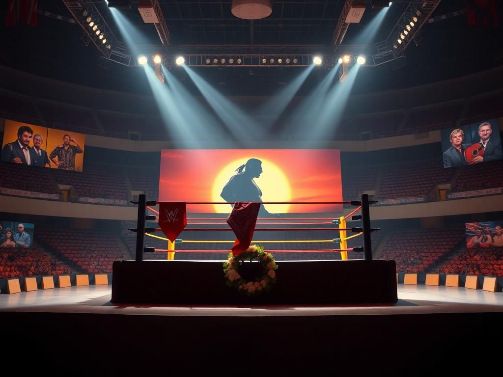 Flick International Dimly lit wrestling ring in an empty arena with a red bandana on the turnbuckle symbolizing Hulk Hogan's legacy.