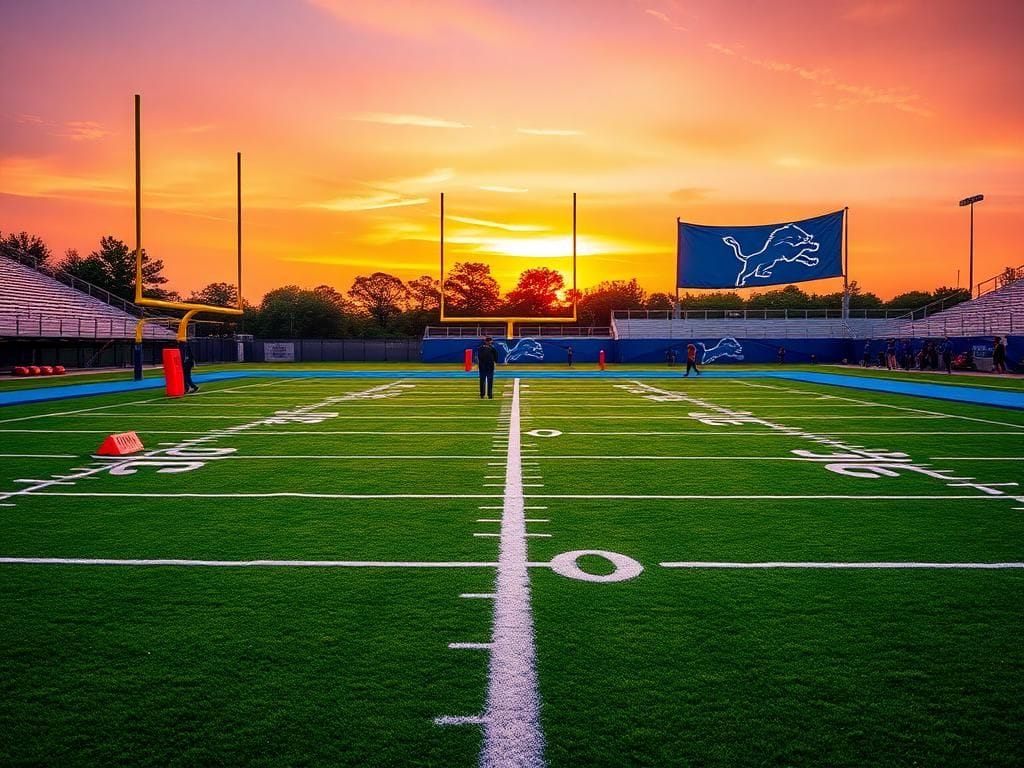 Flick International A vibrant NFL training camp scene featuring a lush green football field and equipment
