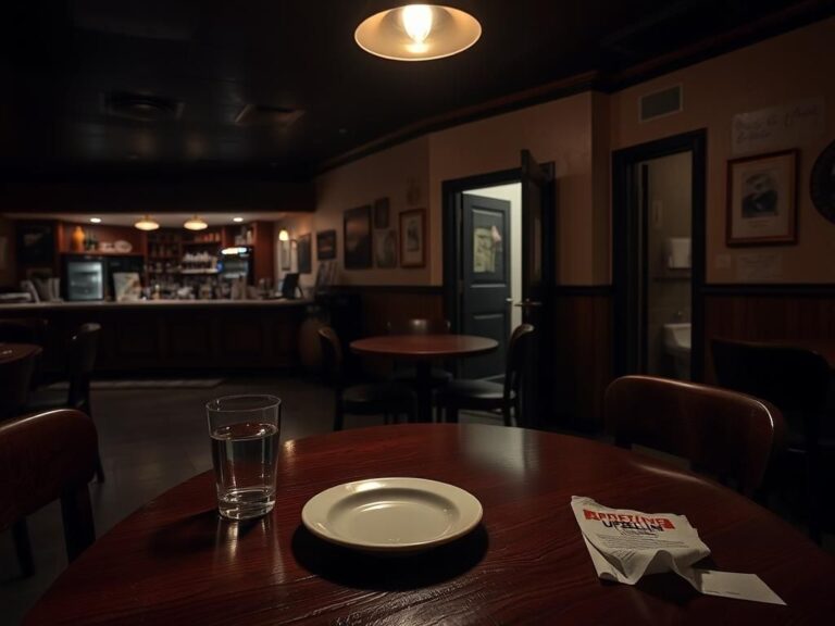 Flick International Dimly lit restaurant interior with empty table and half-full glass, highlighting signs of neglect.