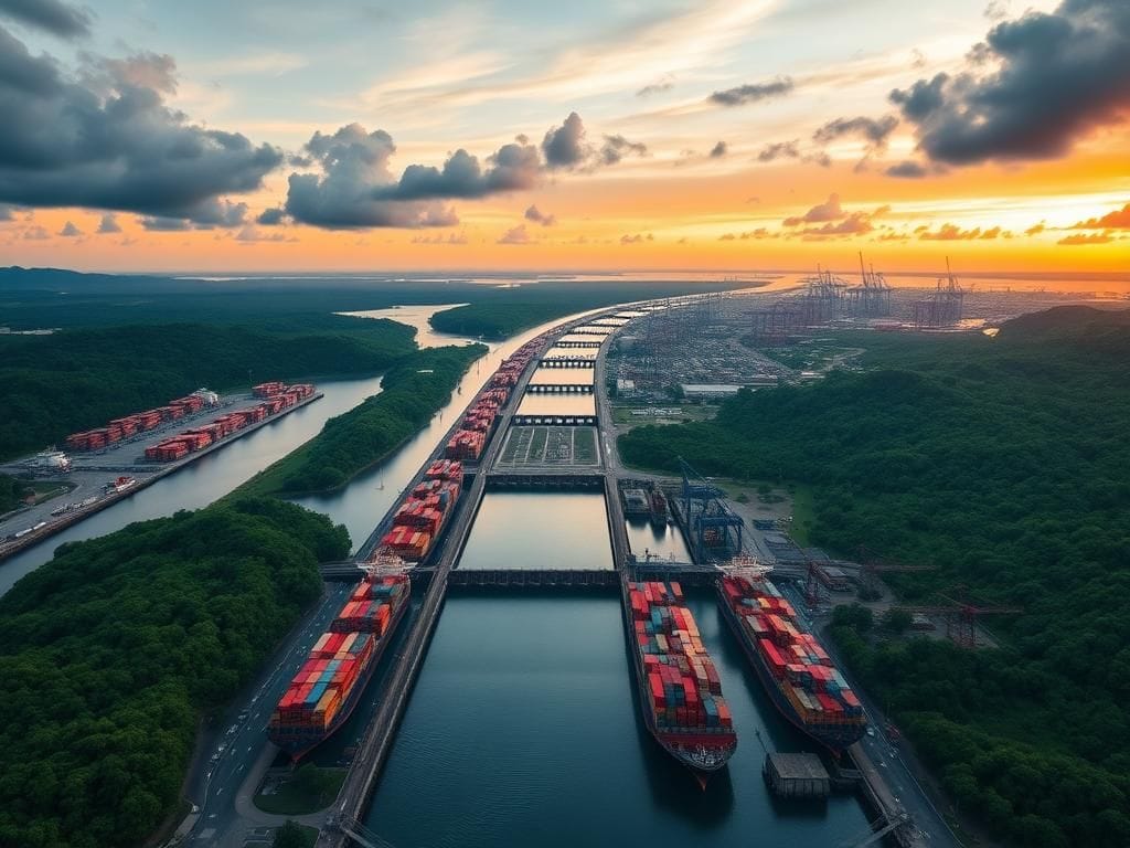 Flick International Aerial view of the Panama Canal with shipping containers and cranes in the foreground