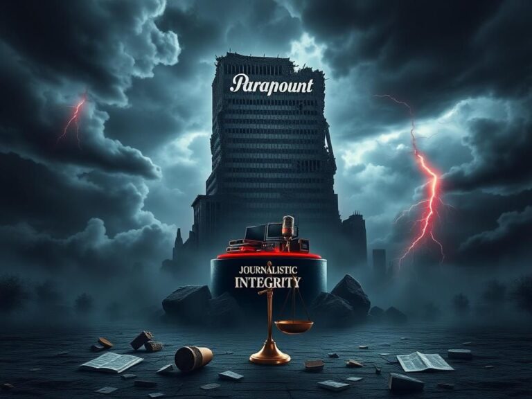 Flick International Dramatic representation of a crumbling Paramount corporate building over a pedestal of Journalistic Integrity amidst stormy clouds