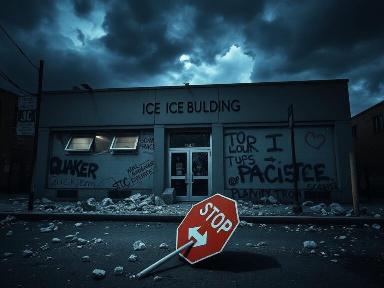 Flick International Urban scene of vandalized ICE building during anti-ICE protest in Portland