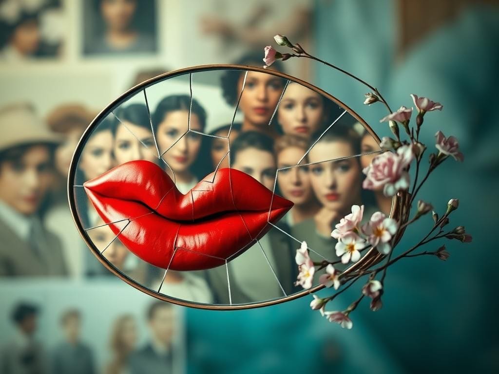 Flick International A cracked mirror reflecting oversized red wax lips symbolizes societal pressure on beauty standards.