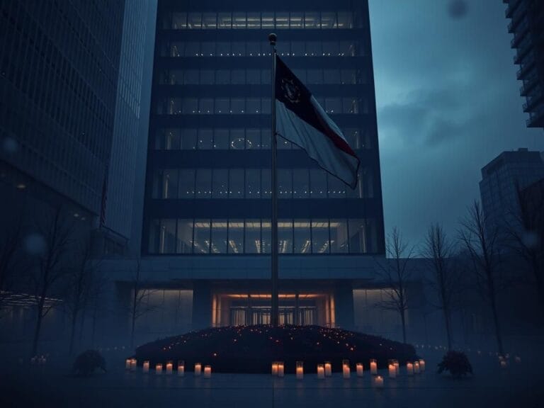 Flick International Somber scene with a flag at half-staff outside NFL headquarters in NYC