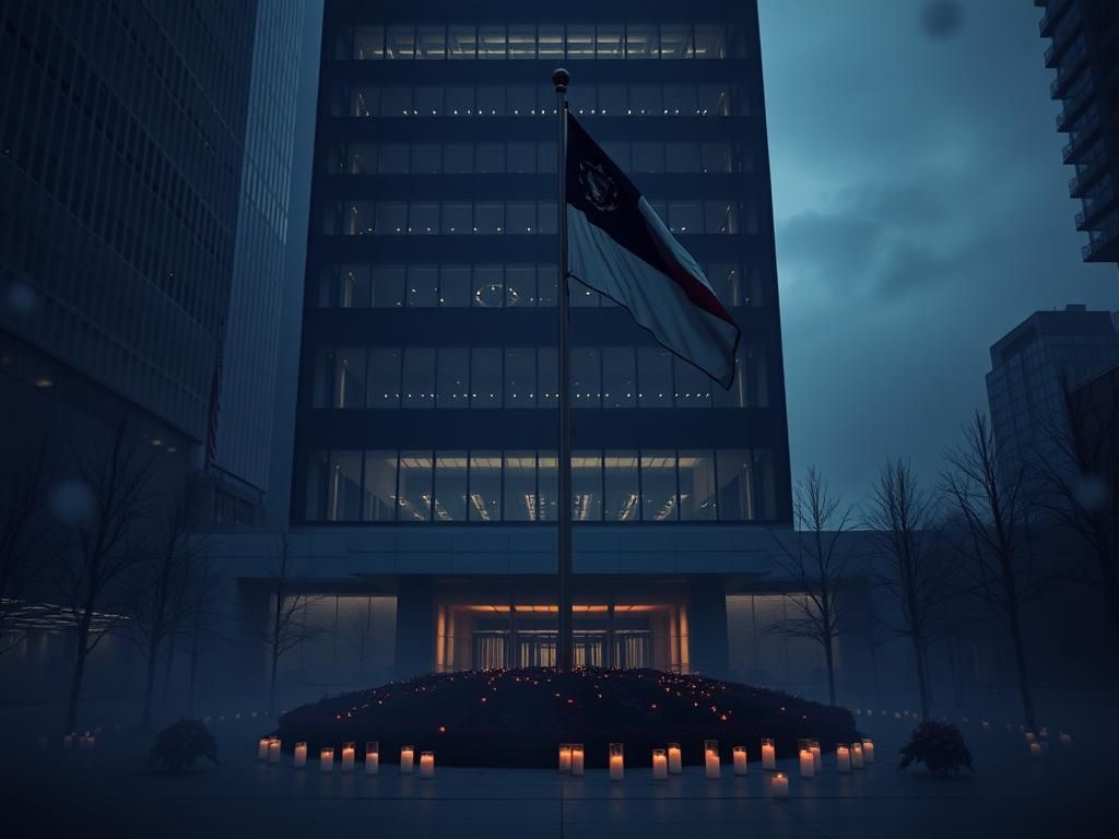 Flick International Somber scene with a flag at half-staff outside NFL headquarters in NYC
