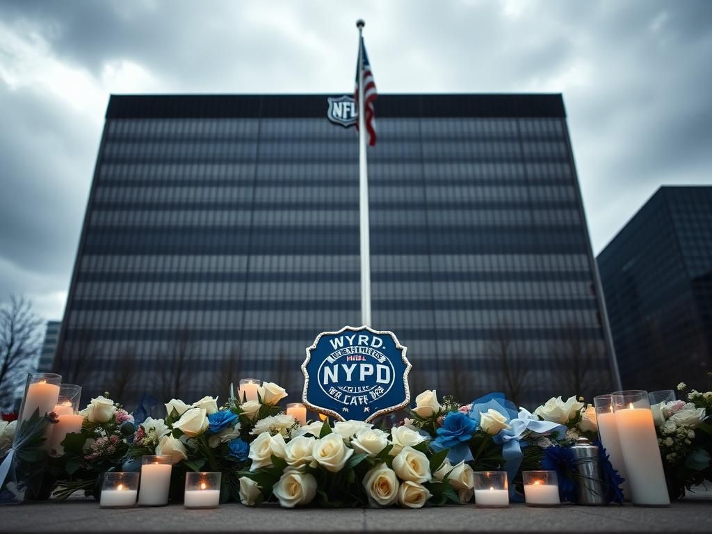 Flick International Memorial tribute for NYPD Officer Didarul Islam outside NFL headquarters featuring flowers and candles