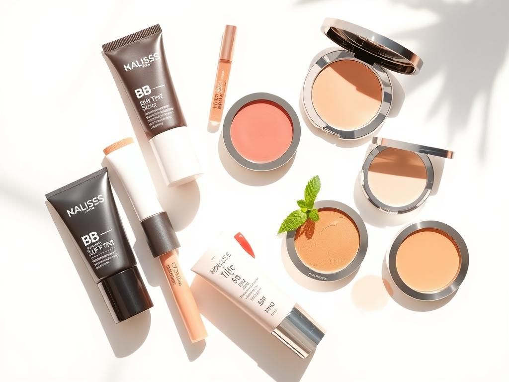 Flick International A bright flat lay of makeup products with SPF on a sun-kissed tabletop featuring BB cream, skin tint, lip tint, and compact powder.