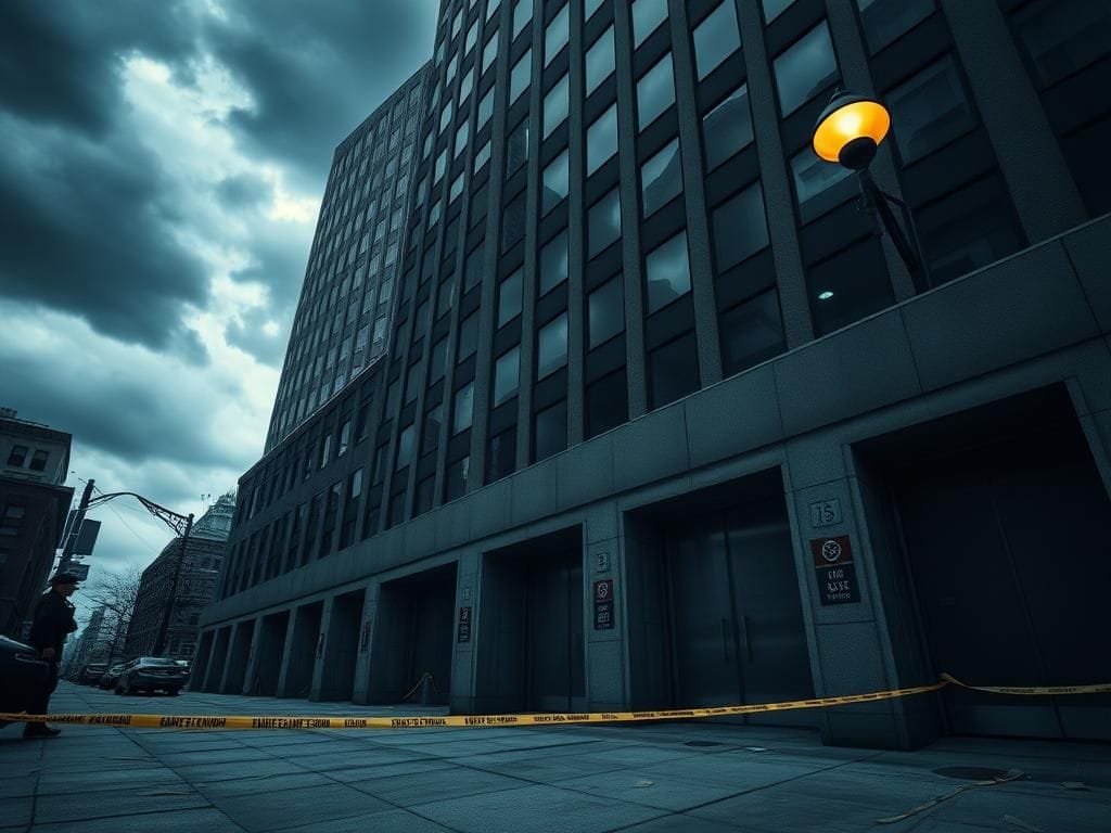Flick International Exterior view of a high-rise building in New York City with an abandoned elevator bank