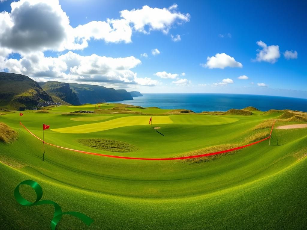 Flick International Panoramic view of a new golf course in Scotland with lush fairways and dramatic landscape