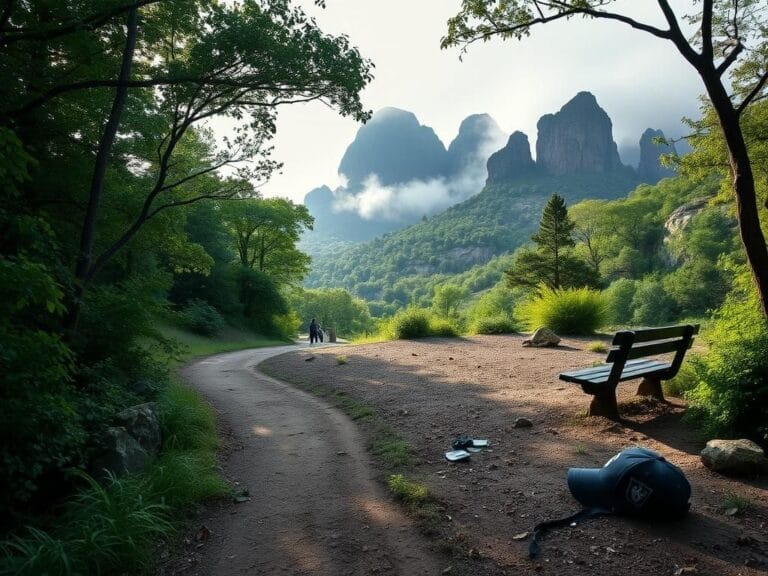 Flick International A serene hiking trail at Devil's Den State Park, featuring lush greenery and rugged rock formations.