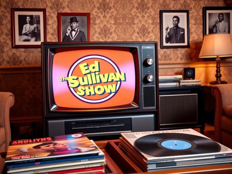 Flick International Vintage television set from the 1960s displaying colorful graphic inspired by Ed Sullivan Show logo in a nostalgic living room.